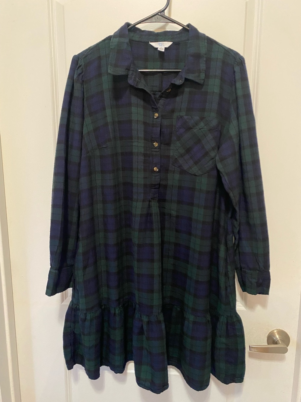 Time and Tru Navy and Green Plaid Ruffle-Hem Dress